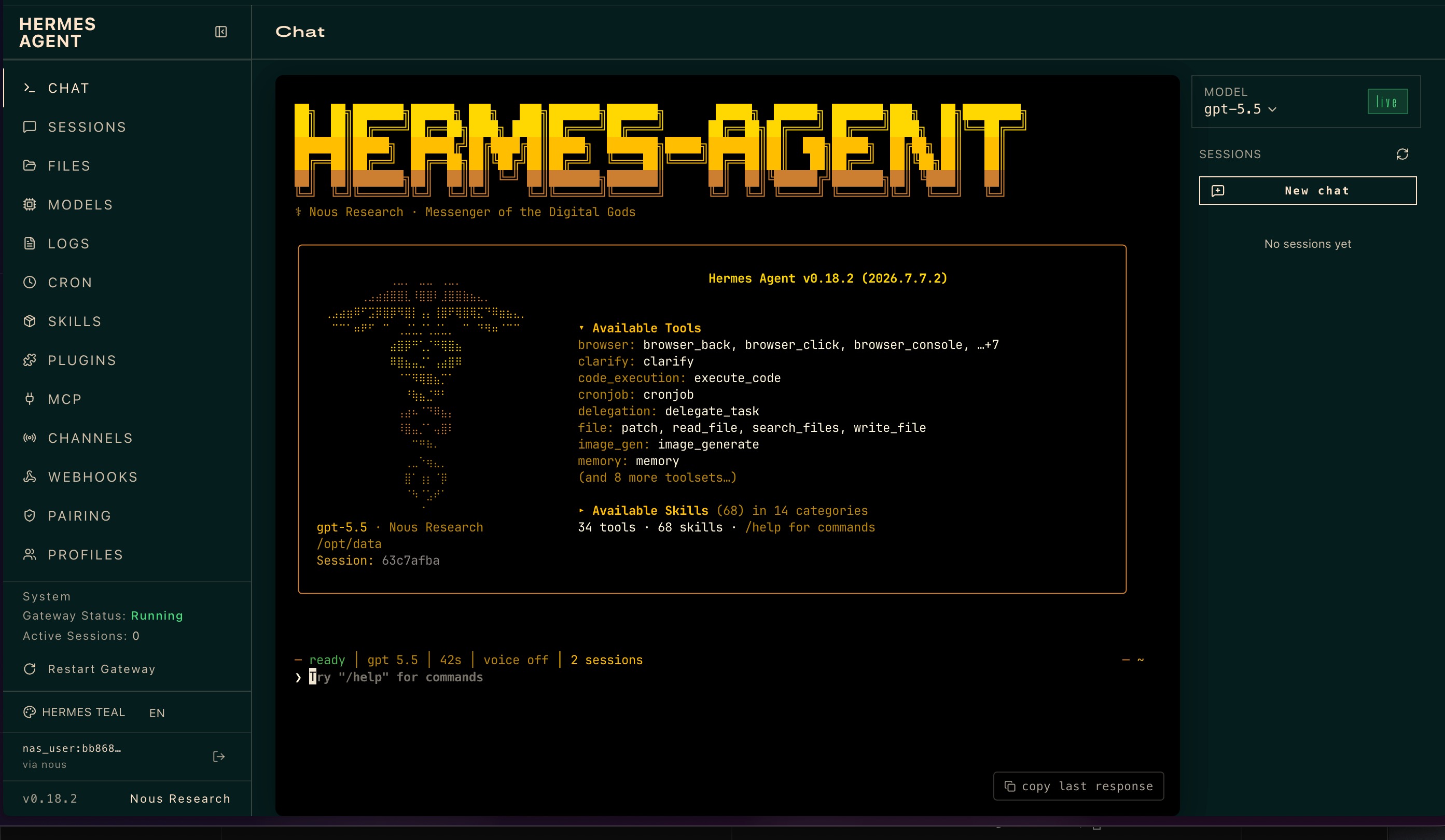 Hermes agent dashboard with files, tools, and chat